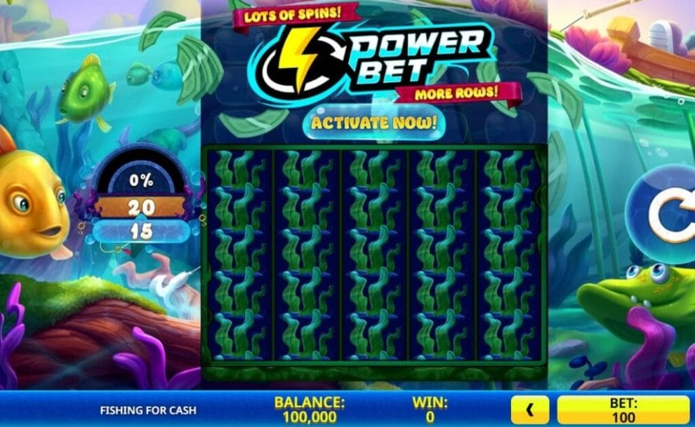  A screenshot of the Fishing for Cash slot. The reel is filled with seaweed and the reel is surrounded by cartoon fish and water and other underwater scenery.