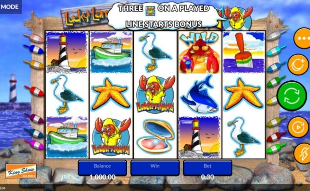 A screenshot of Lucky Larry’s Lobstermania. The reel is filled with Lucky Larry, boat, seagull, and various other ocean-themed symbols. The reel is set against a beach with a lighthouse in the background.