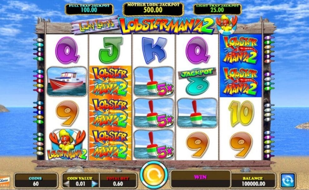 A screenshot of Lucky Larry’s Lobstermania 2. The reel is filled with various symbols, including Lucky Larry, a boat, a fishing float, and various other symbols. The reel is set on a calm beach with the ocean behind it.