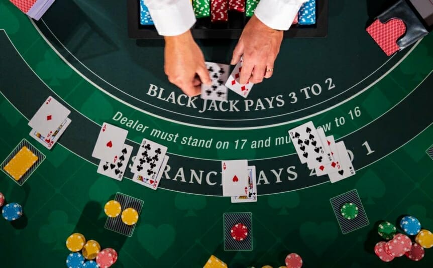 Overhead view of a casino blackjack table