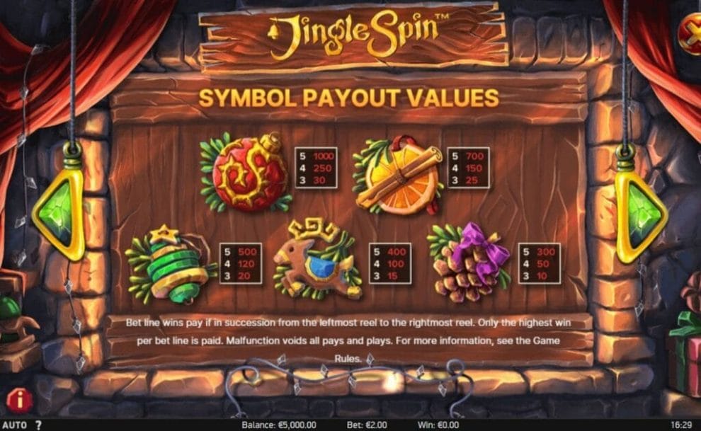 A screenshot of the Jingle Spin paytable with a bauble, reindeer, pinecone, and other symbols.
