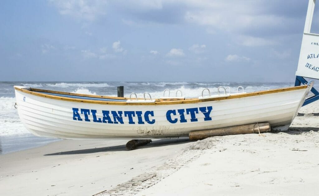 An Atlantic City life guard boat on the beach.