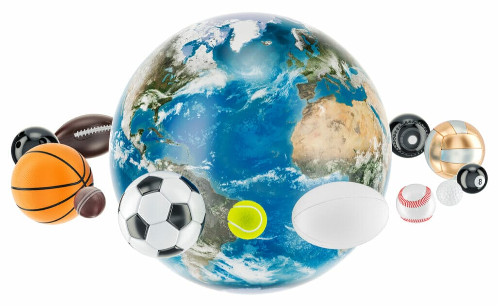 Planet Earth, surrounded by various sports balls.