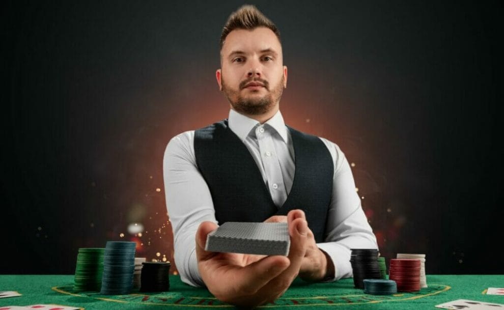A male blackjack dealer holds out a pack of cards.