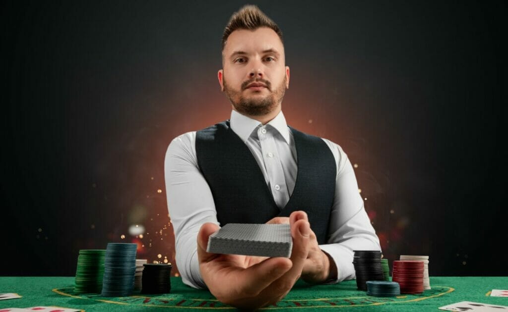 A male blackjack dealer holds out a pack of cards.