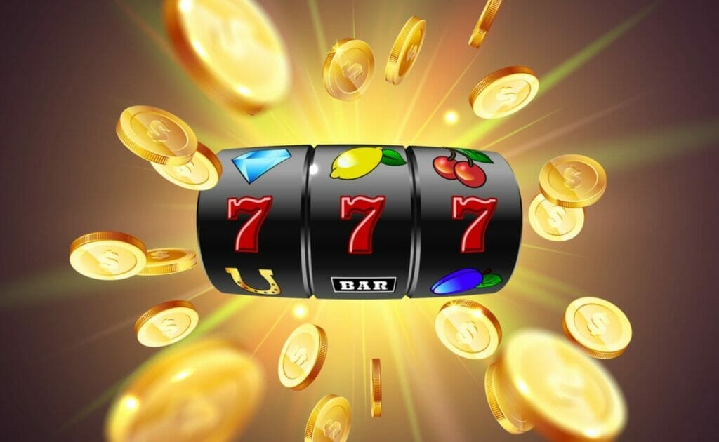 A slot reel with triple sevens, surrounded by flying coins.