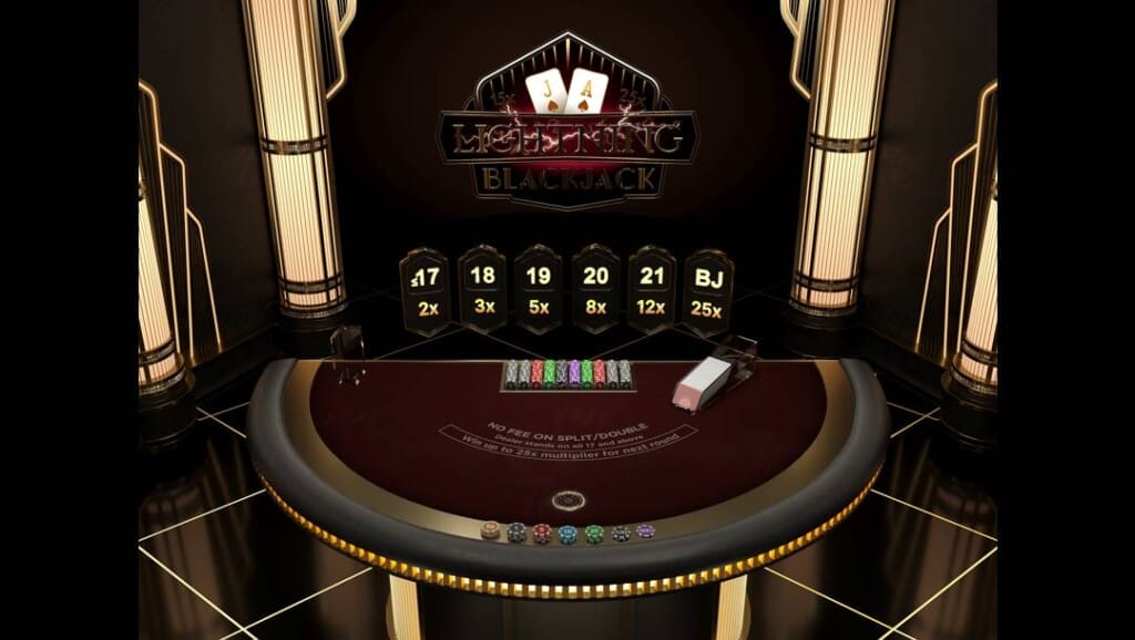 Tangkapan layar gameplay dalam blackjack petir orang pertama.