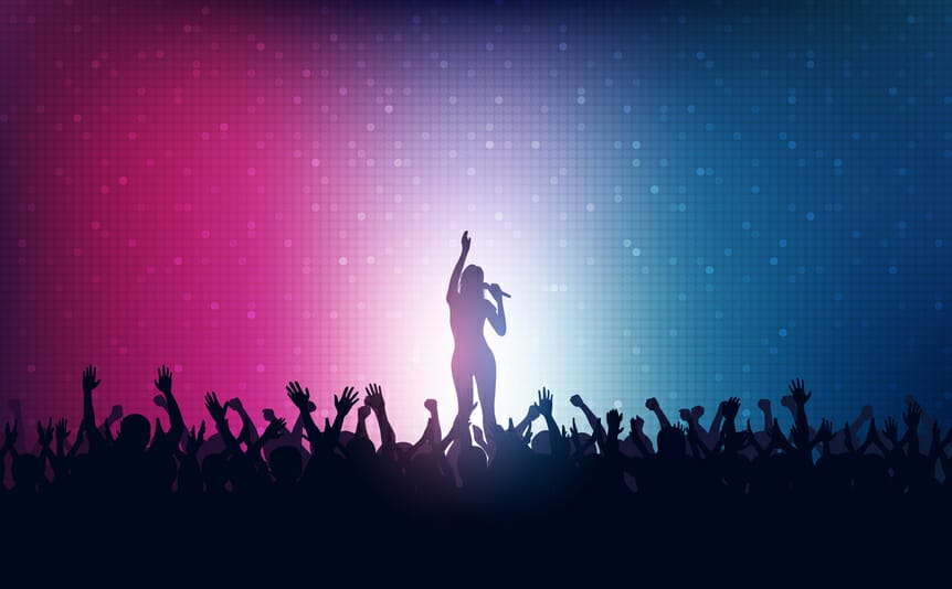 Silhouette of a singer and a crowd with their hands up on a colorful background.