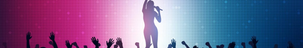 Silhouette of a singer and a crowd with their hands up on a colorful background.