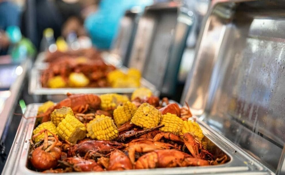 A large buffet of a traditional crawfish boil.