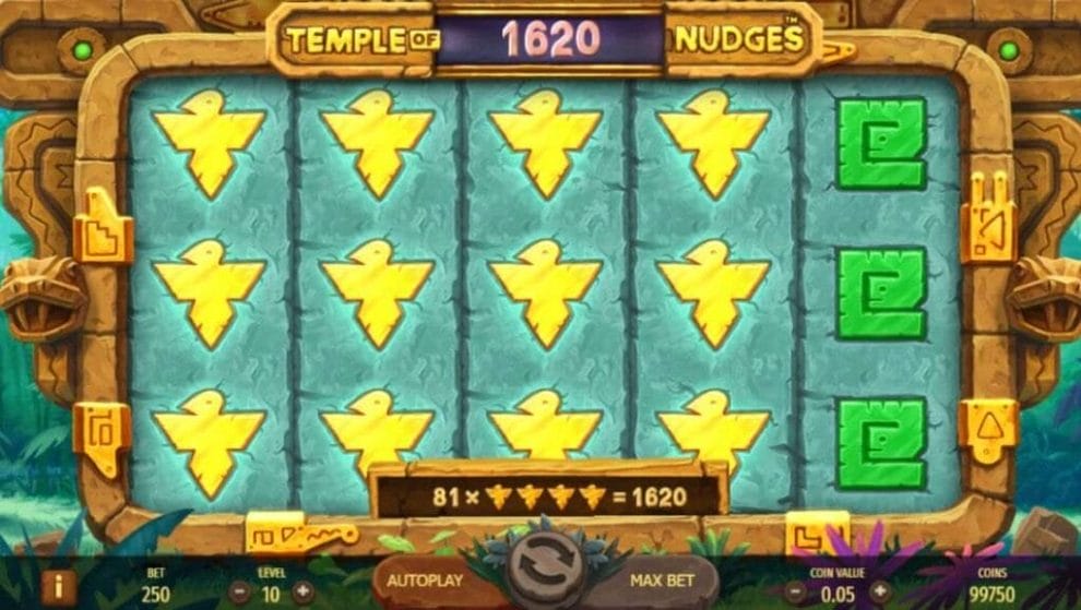 A screenshot of yellow bird symbols covering all the positions on reels one to four of the Temple of Nudges slot, resulting in a $1620 win. 