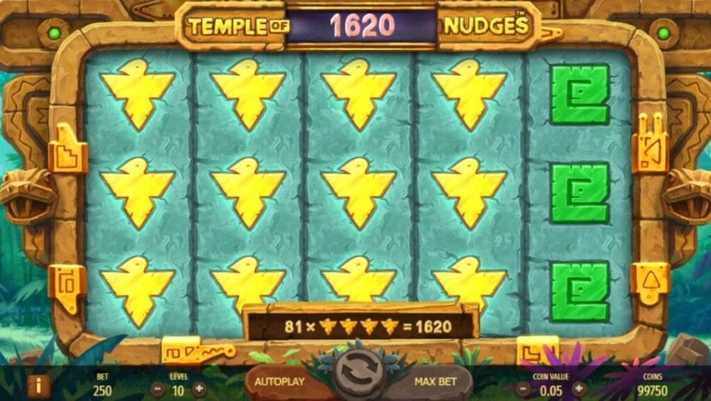 A screenshot of yellow bird symbols covering all the positions on reels one to four of the Temple of Nudges slot, resulting in a $1620 win.