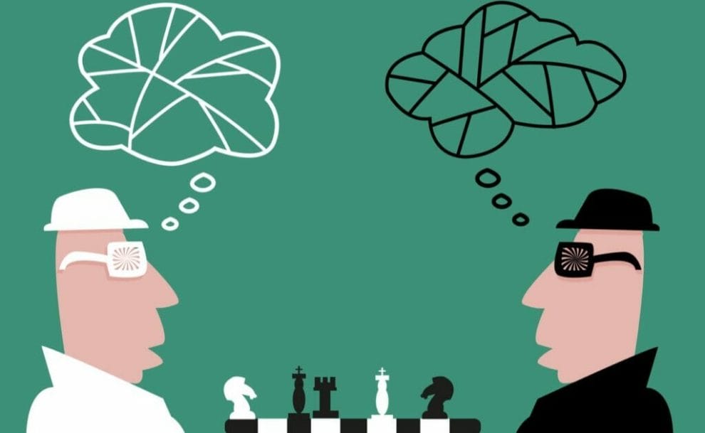 Vector illustration of two opponents playing chess with thought bubbles above their heads.