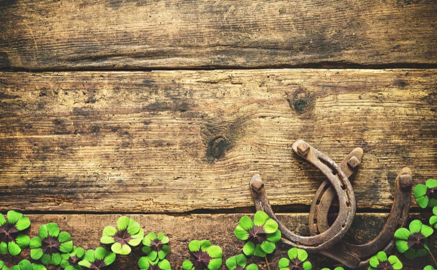 Two horseshoes and some four-leaf clovers on a table.