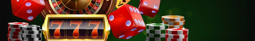 A computer illustration of a roulette wheel, slots with triple 7, dice and playing chips on a green background