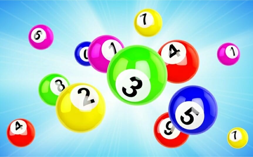 Bingo balls scattered across a blue background.
