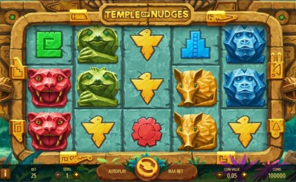 The reels of the Temple of Nudges online slot game showing intricate stone-carved animal symbols against a temple background. Symbols include a cougar, sloth, monkey, and armadillo.