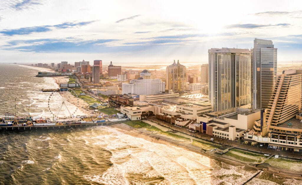 An aerial view of Atlantic City’s boardwalk.