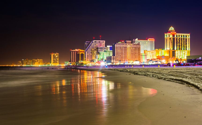 A night view of Atlantic City from the beach.