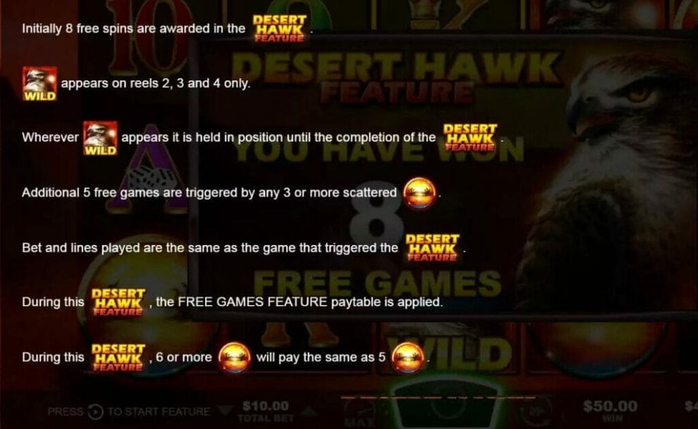 An explanation screen of bonuses and features for Desert Hawk.