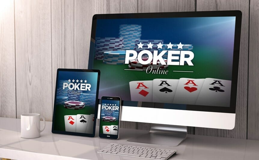 A rendering of a desktop computer, tablet and mobile phone with an online poker site open.