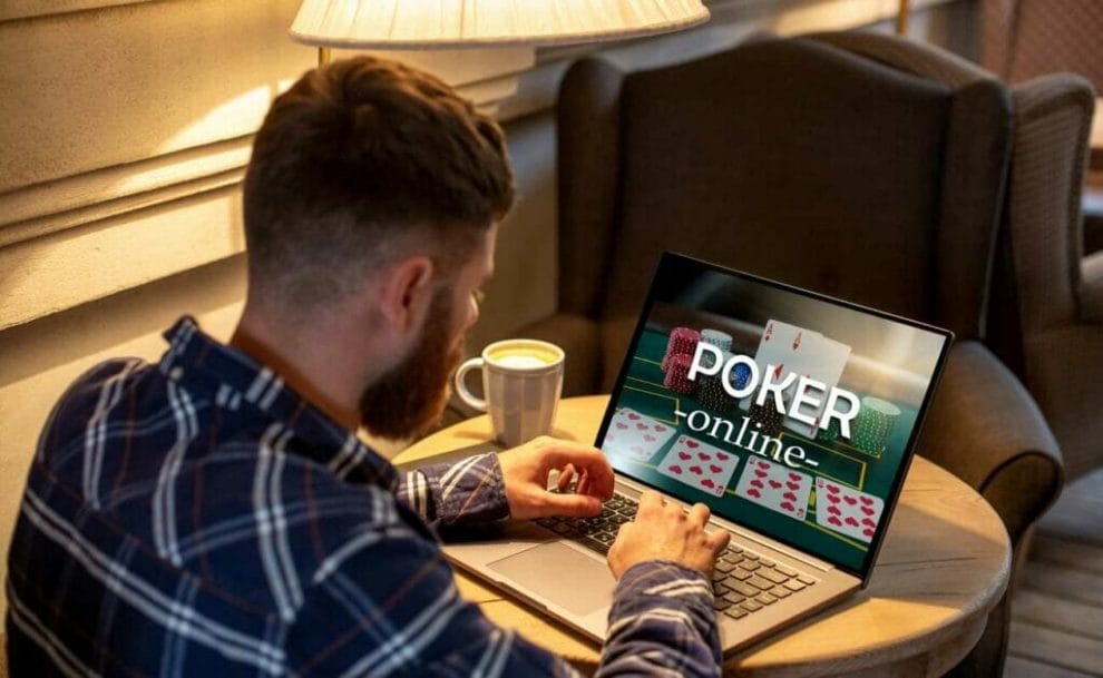 A man plays online poker on a laptop computer.