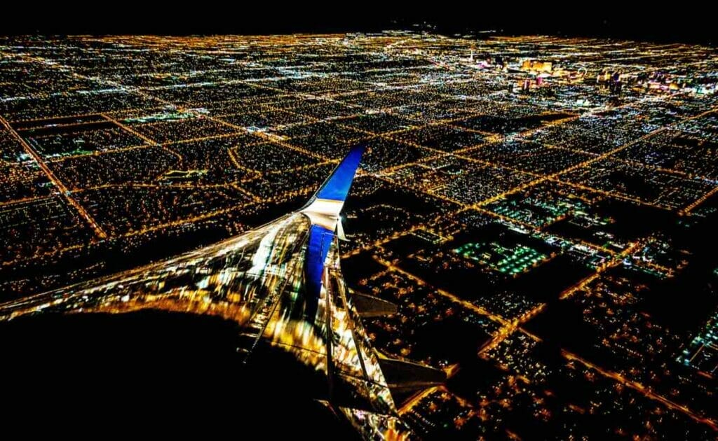 Las Vegas City lights from an airplane at night.