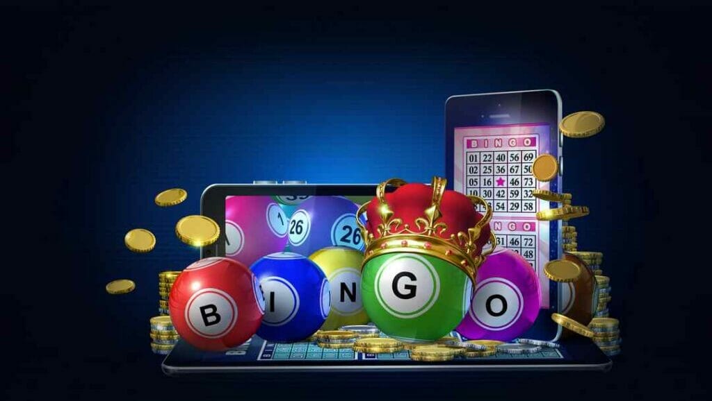 The word ‘bingo’ spelled out on bingo balls, with various mobile devices in the background.