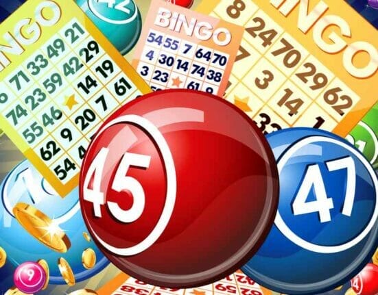 Vector image of bingo balls and bingo cards.