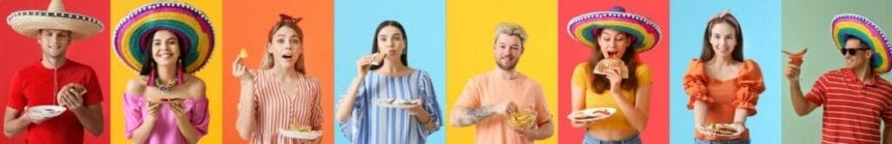 Block view of people trying various Mexican dishes, featured against a colorful background.