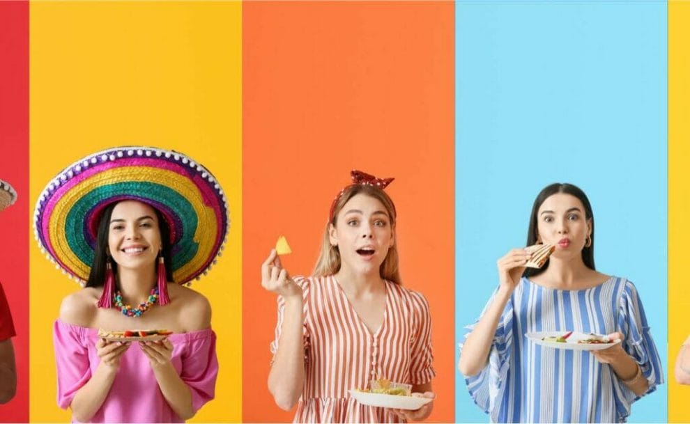 Block view of people trying various Mexican dishes, featured against a colorful background.