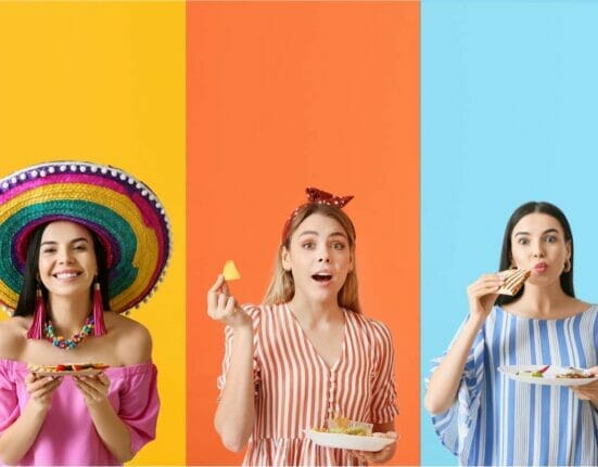 Block view of people trying various Mexican dishes, featured against a colorful background.