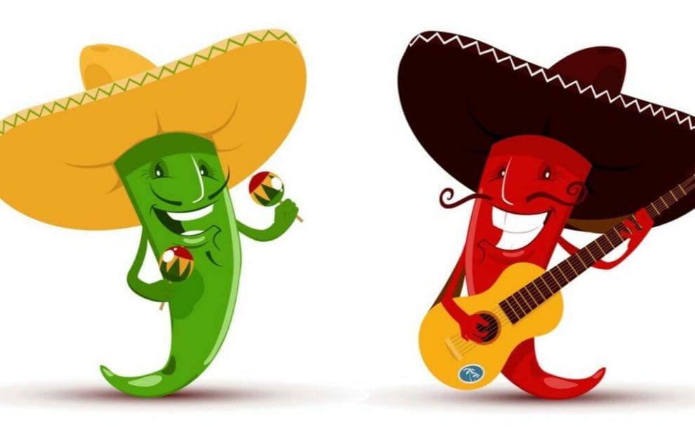 Vector illustration of two animated chilis wearing sombreros and holding a guitar and shakers.