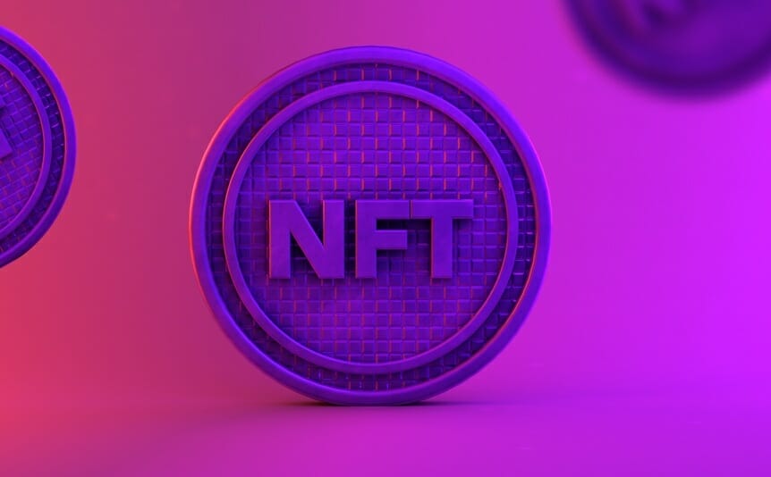 The letters NFT printed on a virtual coin.