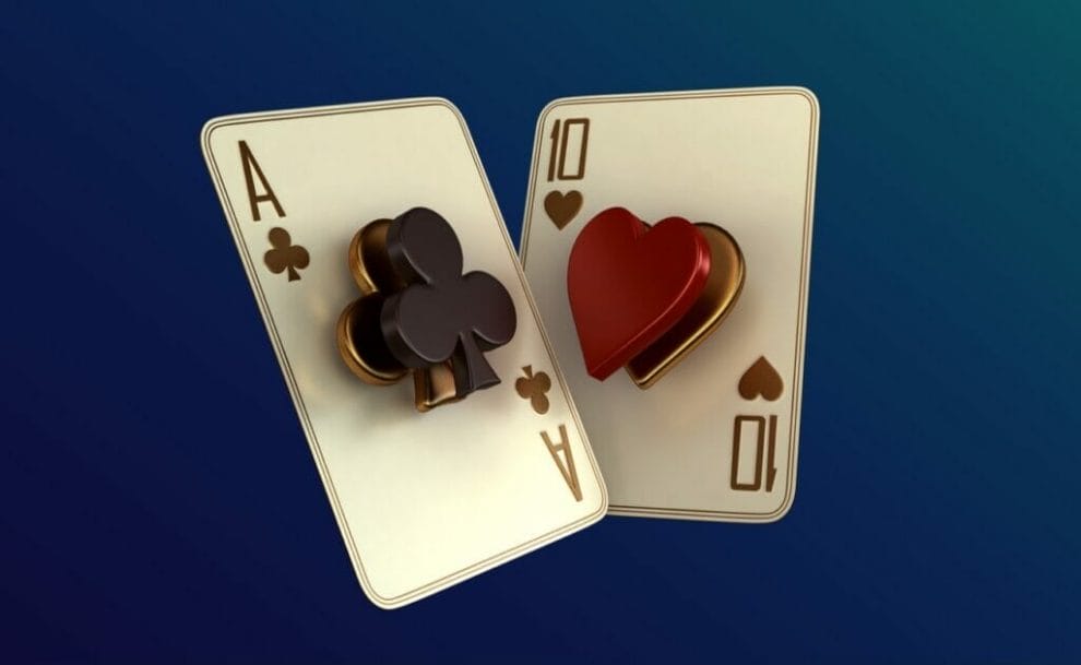 3D rendering of two ace playing cards featuring hearts and clubs.
