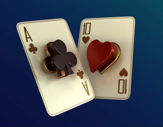3D rendering of two ace playing cards featuring hearts and clubs.