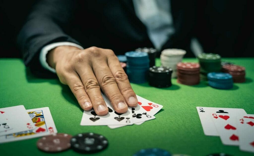 A player places his cards on the felt with poker chips in the background.