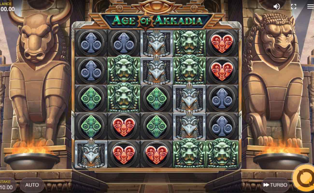 Age of Akkadia online slot game screen.