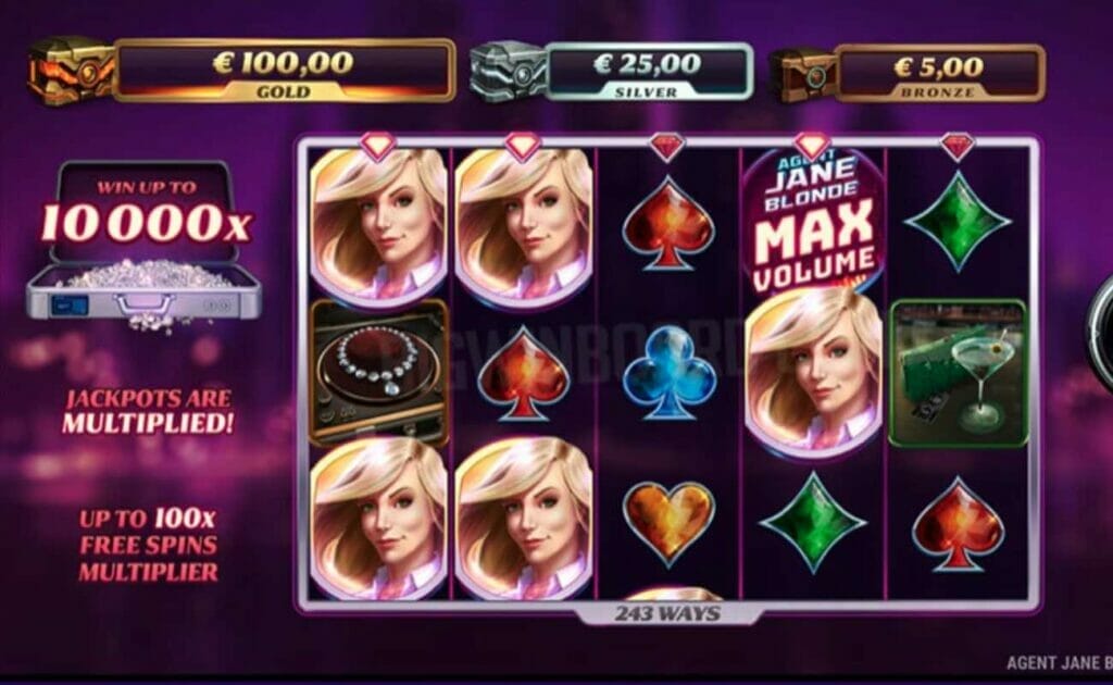 Agent Jane Blonde Max Volume online slot game screen.  