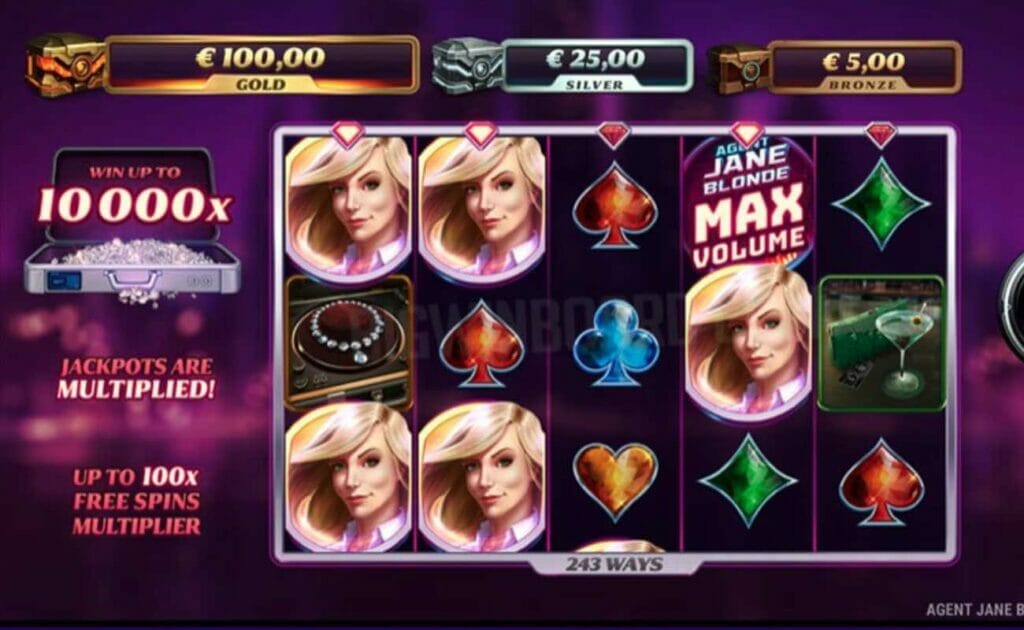 Agent Jane Blonde Max Volume online slot game screen.