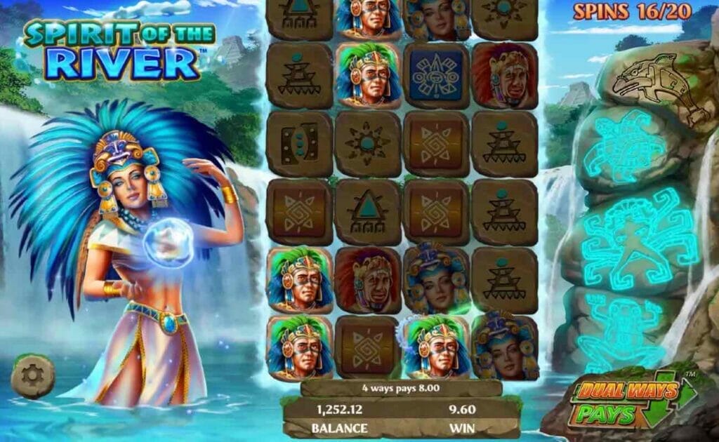 Beautiful graphics in the base gameplay screen of Spirit of the River online slot.