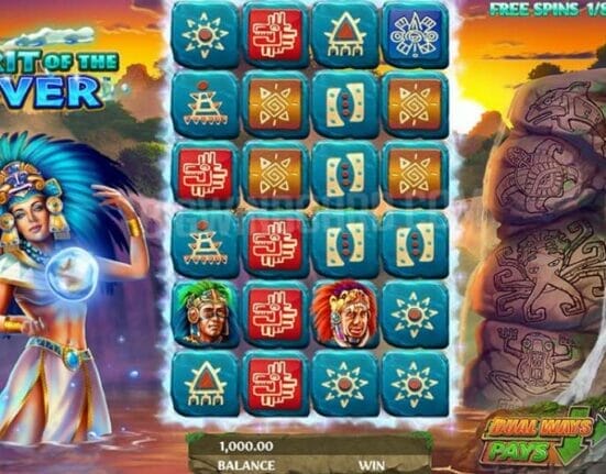The game screen for Spirit of the River online slot game.