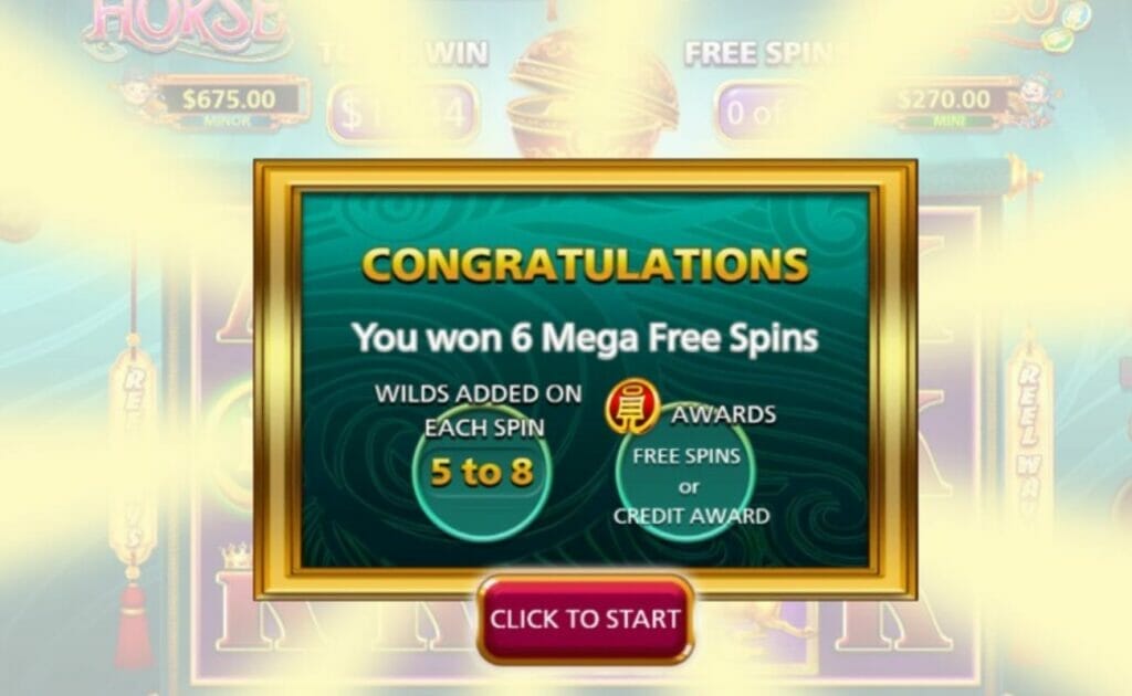 A congratulations screen for winning free spins on the Hurricane Horse Coin Combo online slot.