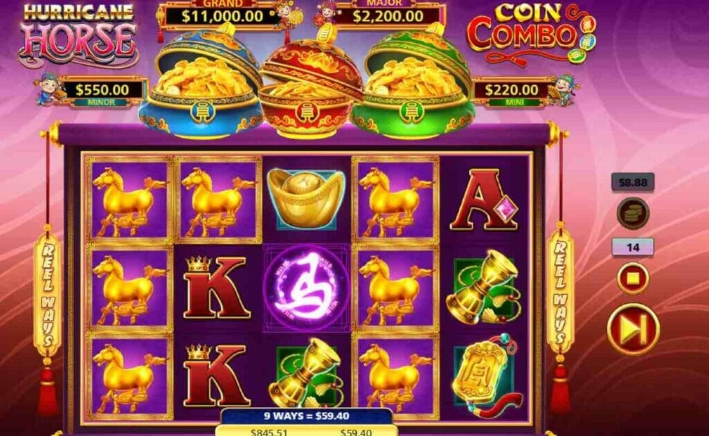 The base-game screen for the Hurricane Horse Coin Combo online slot.