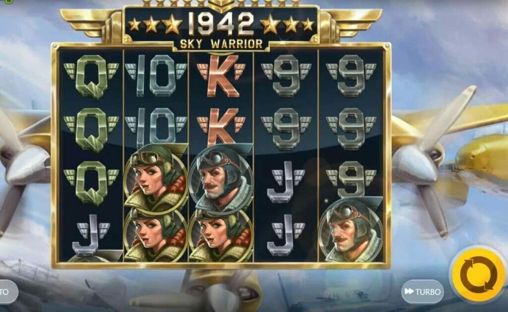 The base game screen for 1942 Sky Warrior online slot. 
