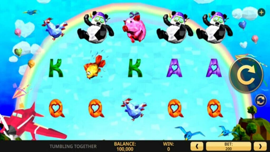 Tumbling Together online slot featuring a rainbow, panda, pig, fish and chicken.