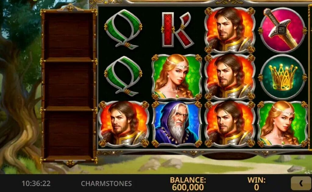 Game screen for Charmstone online slot.