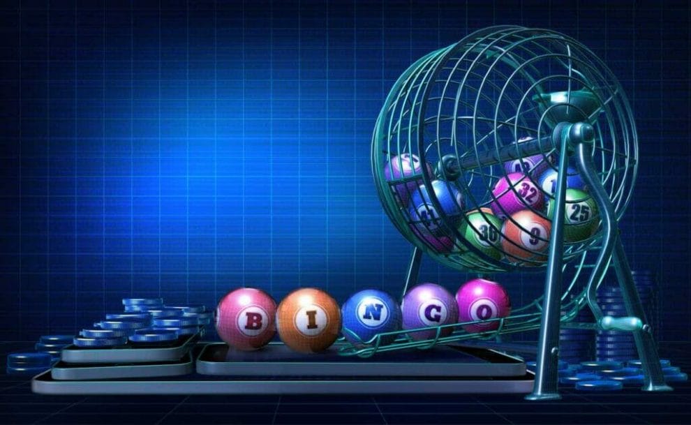  A virtual concept of balls that spell “Bingo” falling out the cage onto mobile phones.