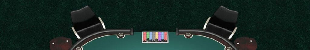An overhead view of a poker table with empty seats.