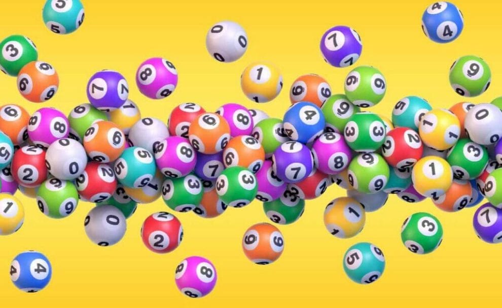 Vector illustration of colorful bingo balls displayed across a bright yellow background.